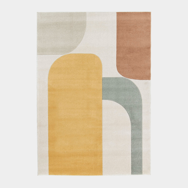 Tapis Luna Pop motifs arches rétro jaune terracotta bleu doux et beige naturel
