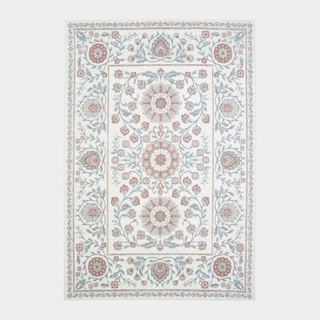 Tapis Minia Brume en tissu chenille recyclé aux nuances bleu gris et terracotta