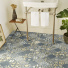 Sol Vinyle Textile Relief 3D - Carreaux de ciment floral bleu fonc et ocre - Salle de bain