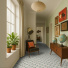 Motif géométrique vert et crème du sol Atelier Bauhaus vert dans un couloir chaleureux