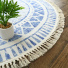 Tapis rond en coton blanc  franges - Aztque - Motifs bleu - Tranche vue de haut